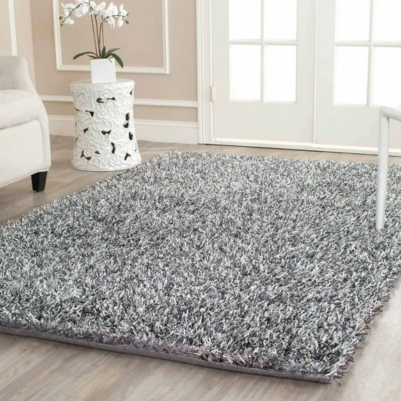 SAFAVIEH New Orleans Darius Solid Polyester Shag Area Rug, Platinum/Ivory, 4' x 6'