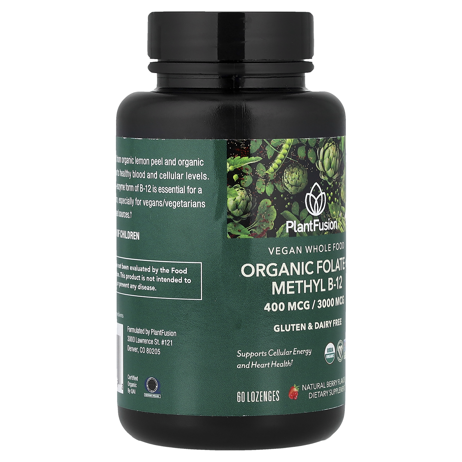 PlantFusion Vegan Whole Food, Organic Folate + Methyl B12, Natural Berry, 60 Lozenges