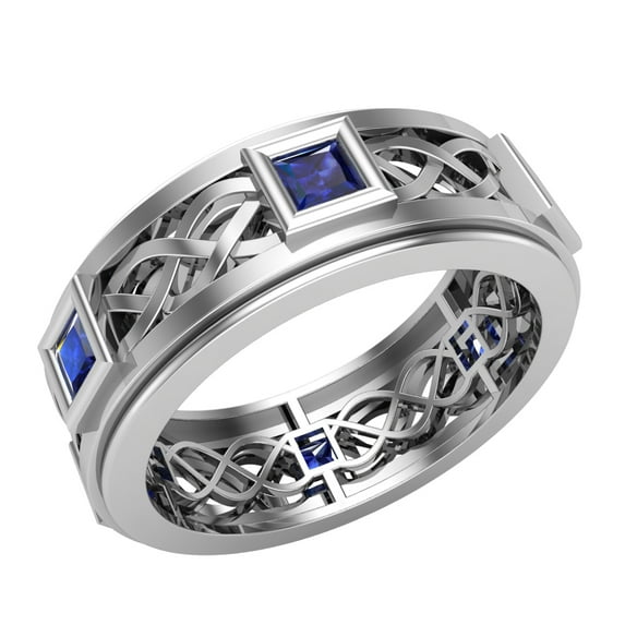 Wedding Bands for Men 9 MM Princess Cut Sapphire 14K White Gold 1.70 CTW