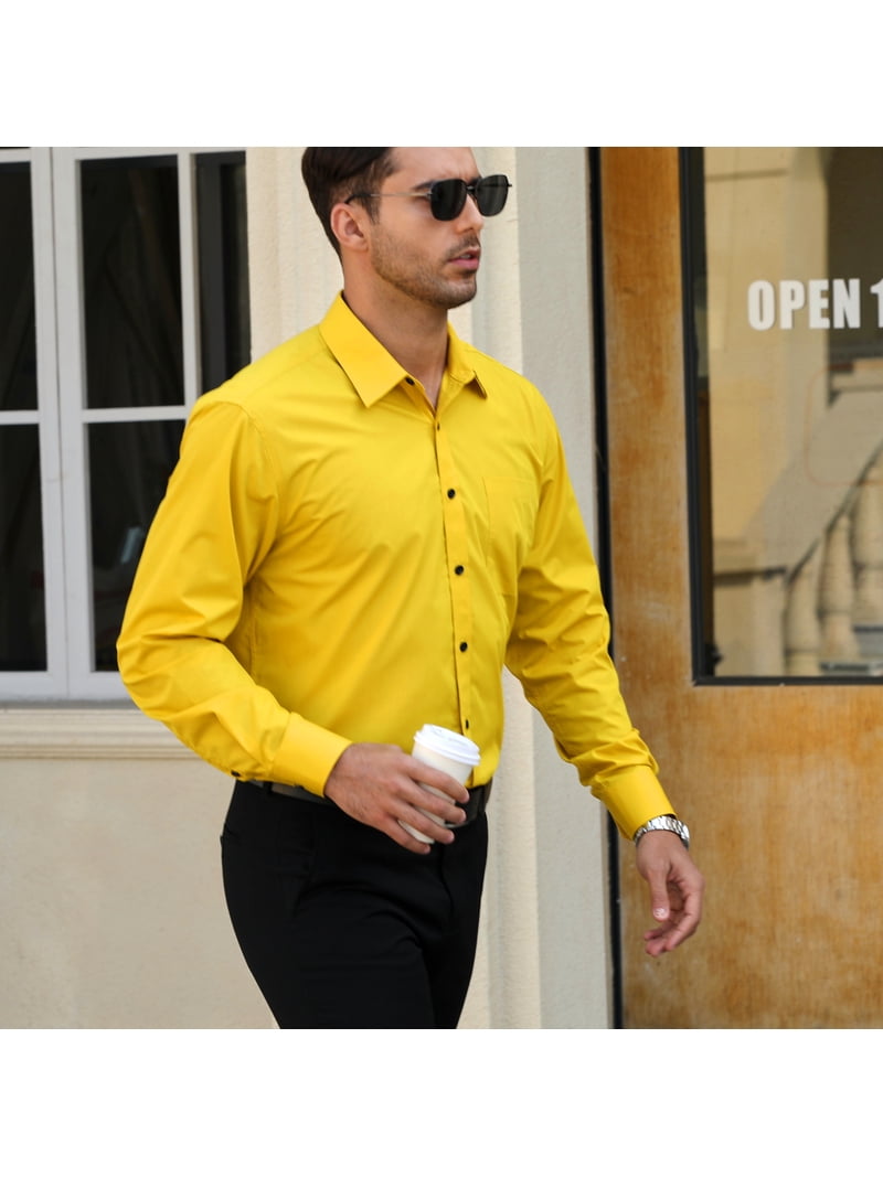 yellow dress shirt Hi-Tie Mustard Golden Paisley Men Long Sleeve Shirt, L Iron with cover Sumtumn Men's Yellow Dress Shirts