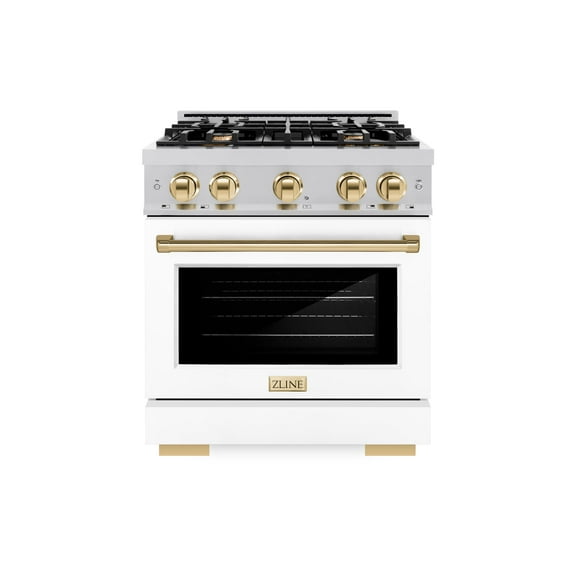 ZLINE Autograph Edition 30 in. 4.2 cu. ft. Dual Fuel Range with 4 Burner Gas Cooktop and Electric Convection Oven in Stainless Steel with White Matte Door and Polished Gold Accents (HDRZ-WM-30-G)