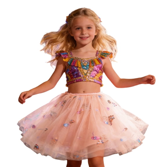 FINALGANG Girls Carnival Skirt Kids Multicolor Floral Embroidery Tulle Skirt Elastic Waist Flared Mini Skirt For Holiday Party Dress Up