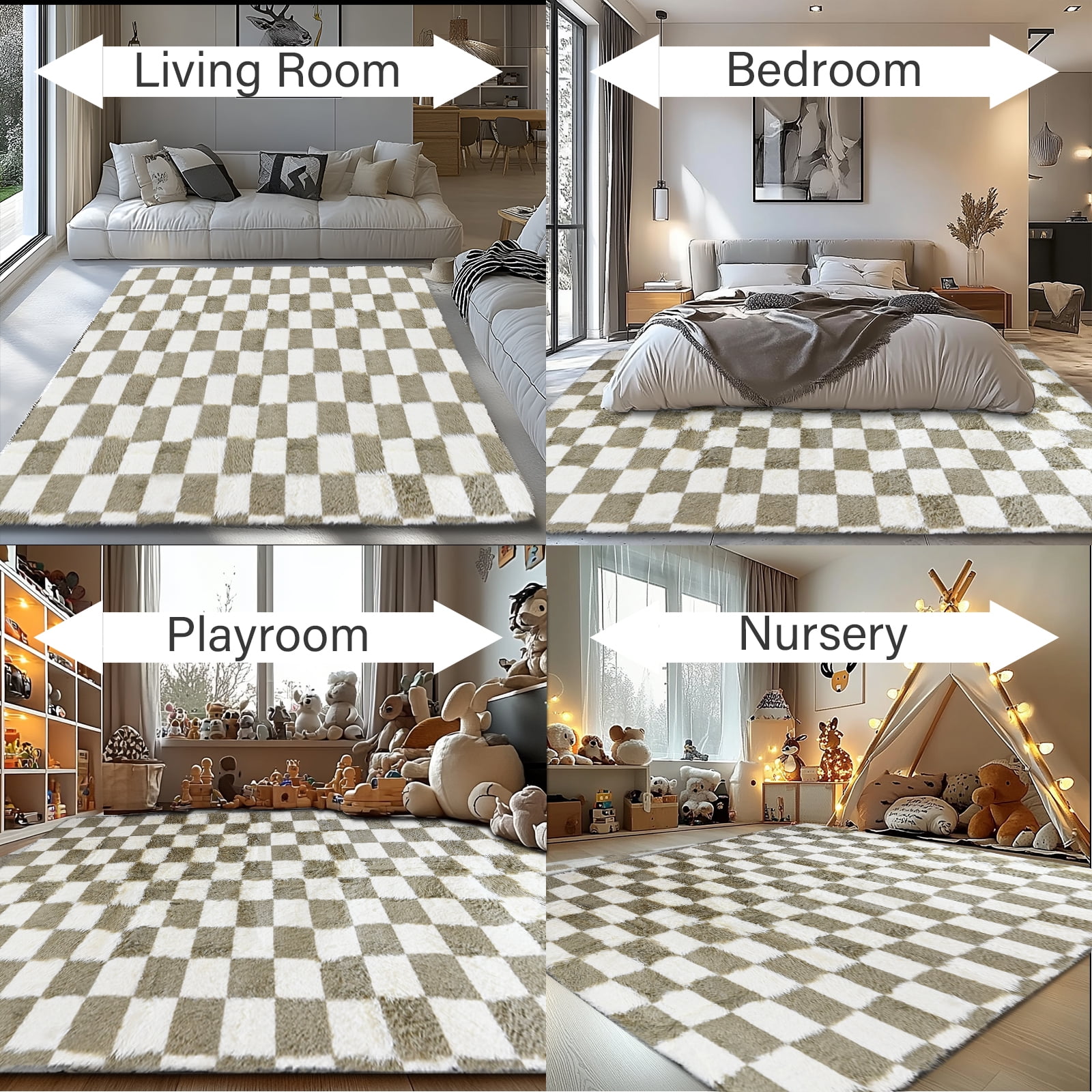 Pentantan 8ft x 10ft Shag Area Rugs for Living Room, Classic Checkered Fluffy Bedroom Carpet, Beige & White