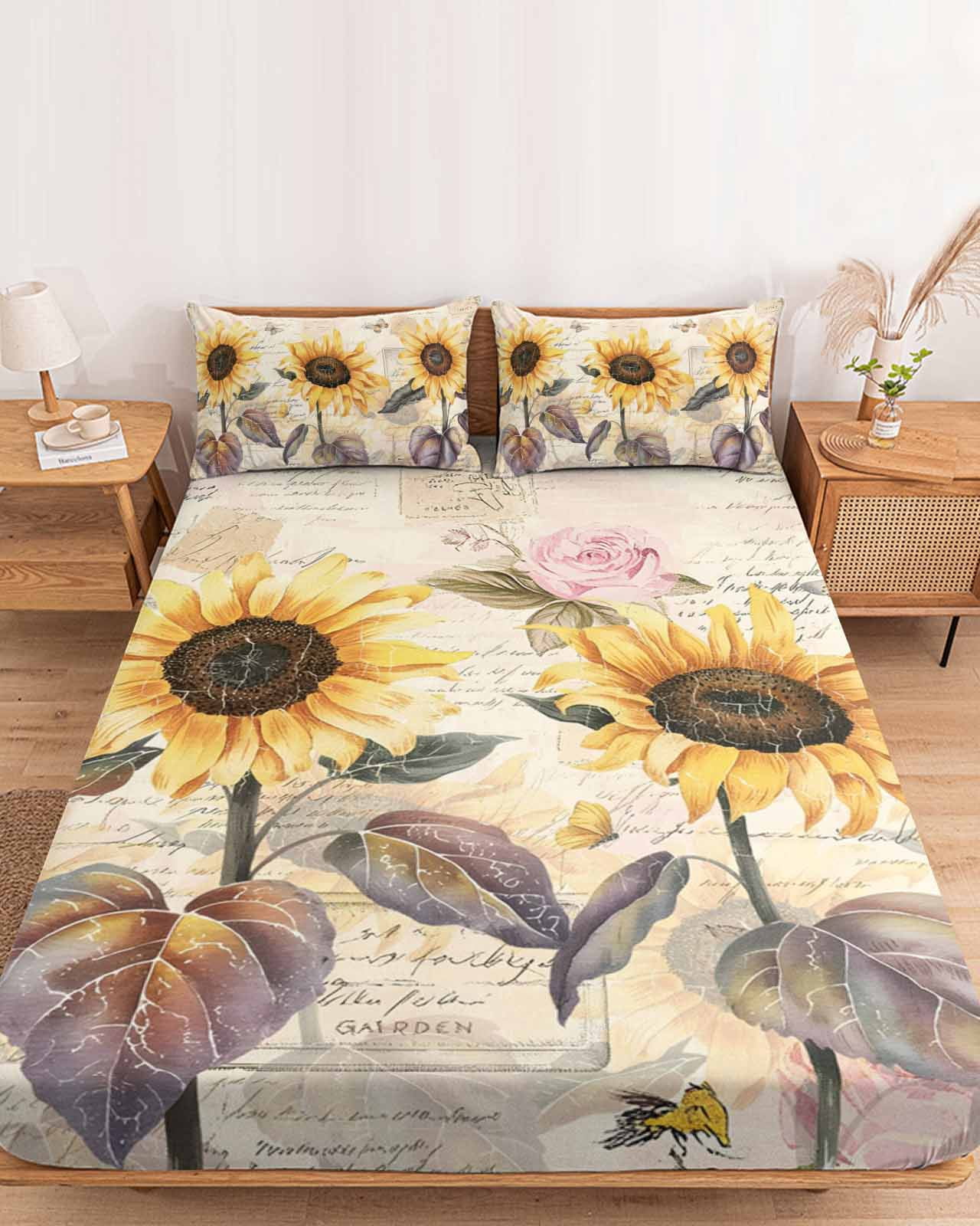 King Size Fitted Sheet Set - Sunflower Vintage 3 Piece Bedding Sets 16" Deep Pocket Fitted Sheet with 2 Pillowcases, Farmhouse Botanical Floral Butterfly Brushed Microfiber Hotel Luxury Bed Sheets