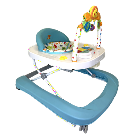 Baby Walker, 2 in 1 Foldable Activity Walk Behind Walker with Adjustable Height & Speed, Friction Control Functions, High Back Padded Seat, Music, Detachable Penguin Play Bar (Blue)