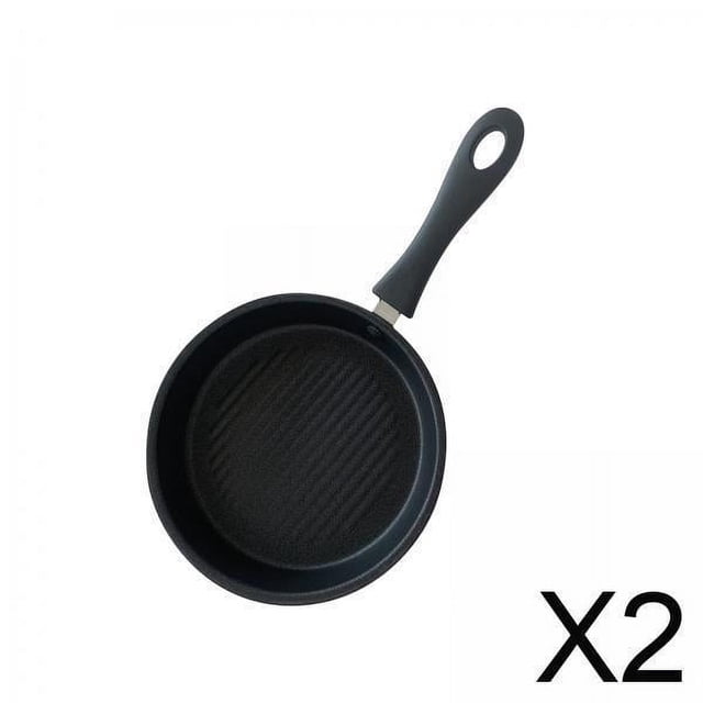 sartén para parrilla antiadherente,sartén para parrilla de aluminio fundido a presión Vista cenital de una sartén redonda negra de 16 cm (6.3 pulg) con superficie acanalada y revestimiento antiadherente, asa ergonómica negra con ojal; se muestra 'X2' indicando paquete de dos, diseñada para cocinar carne, filete, pescado y verduras y adecuada para picnic o barbacoa al aire libre.