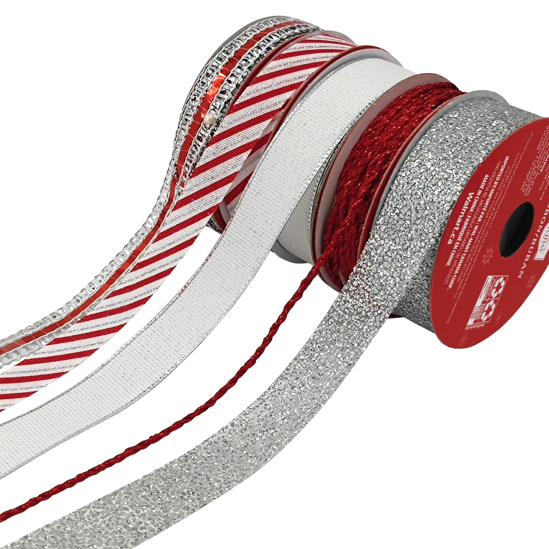 Holiday Time Red/Silver Polyester Christmas Ribbon Assortment, 5 Count, RED SILVER RBN SET