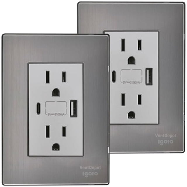 Tomacorriente Duplex con USB Inoxium1X1U1BSilver 2Pzas USB A/USB C/Contacto Duplex 110/125-250VCA 15A 50/60Hz 5VDC 3A Pl