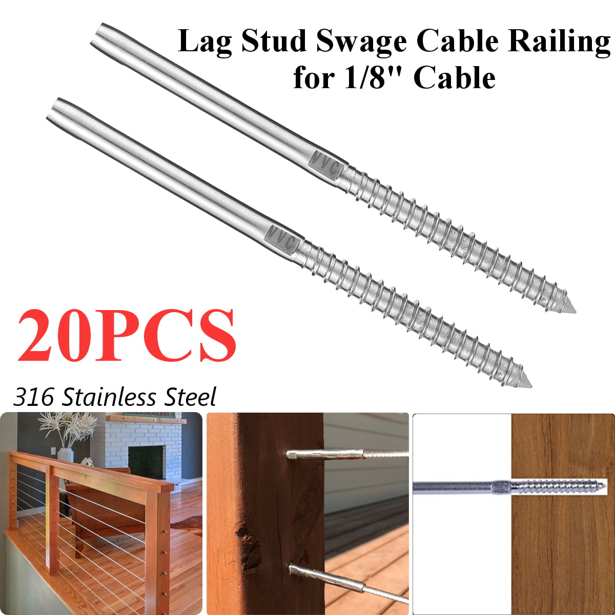 2 PCS ~ T316 Stainless Steel Lag Stud Swage Cable Railing for 1/8" Cable 