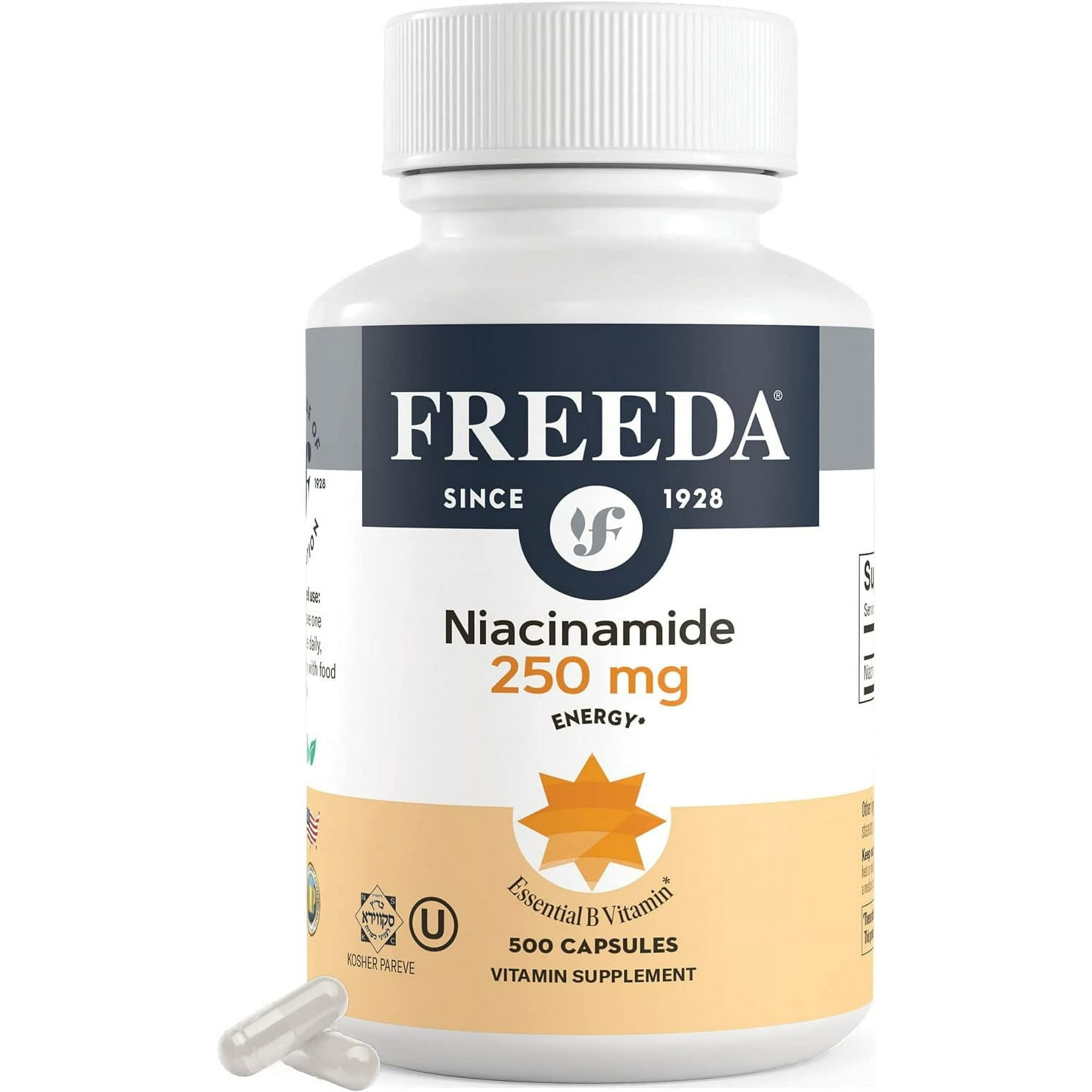 Freeda Niacinamide 250 mg – No Flush Vitamin B3 Supplement | Nicotinamide for Energy & Cell Support | Vegan, Gluten Free | 500 Capsules