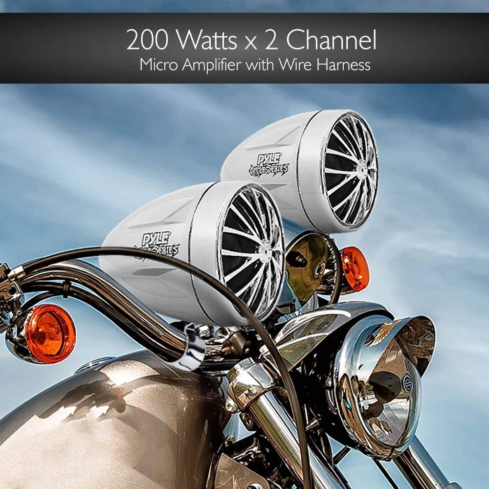 AUX in Handlebar Mount ATV Mini Stereo Audio Receiver Kit Set Also for Marine Boat Pyle 400 Watt Weatherproof Motorcycle Speaker and Amplifier System w//Two 2.25 Inch Waterproof Speakers