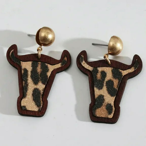 Retro Vintage Wood Cow Head Leopard Leather Bull Cattle Wooden Western Earrings