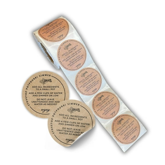 Stovetop Potpourri Instruction Label 250 pc Roll 2 Circle Label Brown Boho Kraft Paper Design for Christmas Holiday Package of Stove Top Simmer Home Scent Use with Glass Saucepan Steamer Pot