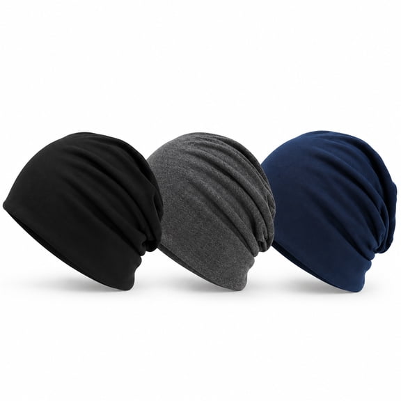 3 Pack Slouchy Beanie Hats for Men Women, Stretch Lightweight Skull Cap, Soft Casual Hat Set Black Dark Gray Navy