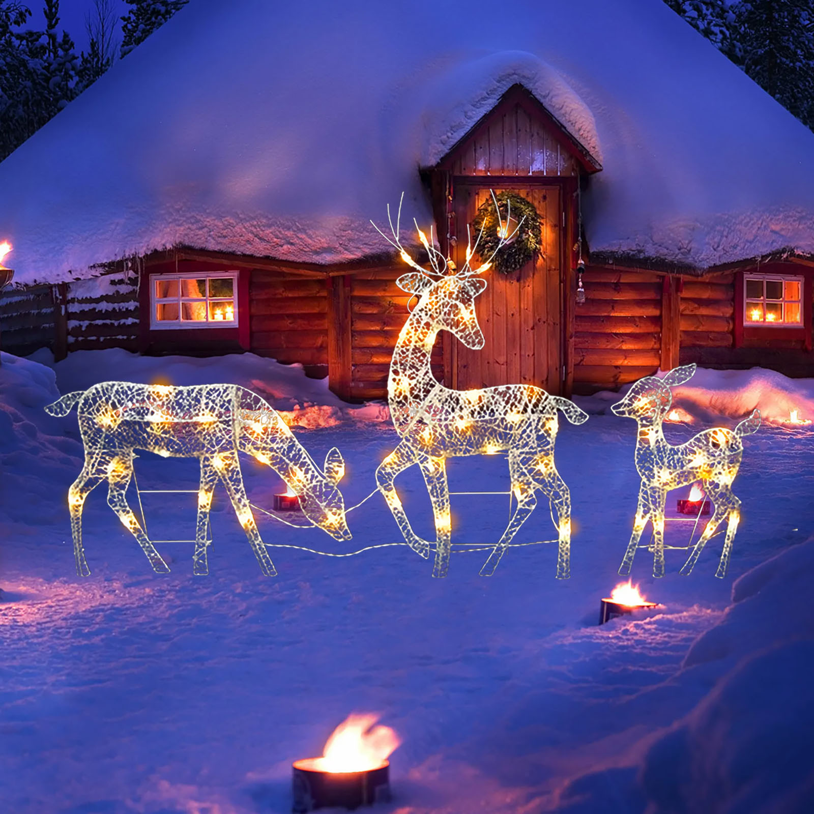 Lighted Deer Christmas Decorations Set of 3, White Glittered Doe, Fawn and Reindeer Lighted