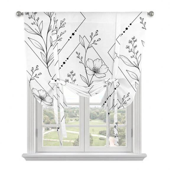 Rustic Floral Tie Up Curtains for Windows, Adjustable Balloon Window Shades, Modern Minimalist Botanical Lines Pattern Kitchen Window Treatments Farmhouse Short Curtains with Rod Pocket 42"x45"
