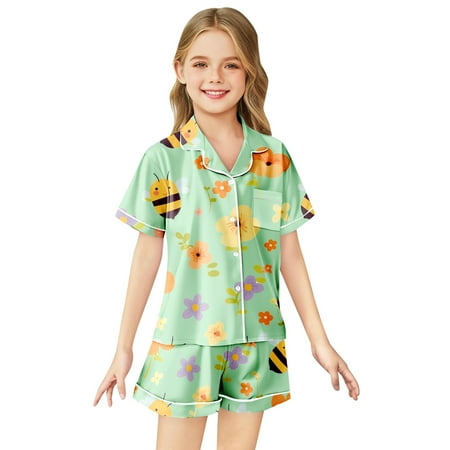 SNKSDGM Girls Baby Girl Outfits 0-3 Months Spring Spring Outfits for Girls Size 10 Plus Girls  Festival Printed Silk Imitation Pajama Short Sleeve Set Easter Baby Girl Outfit with Bow 8-9 Years