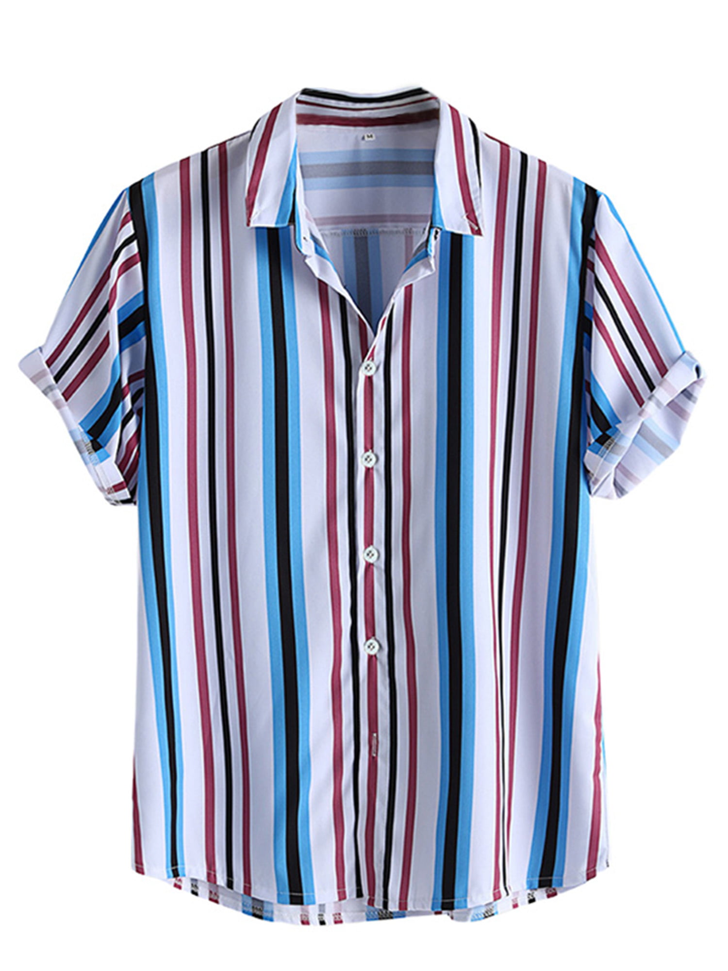 Summer Men Slim Shirt Stripe Print Fashion Lapel Casual Tops,Dark Blue,XXL 