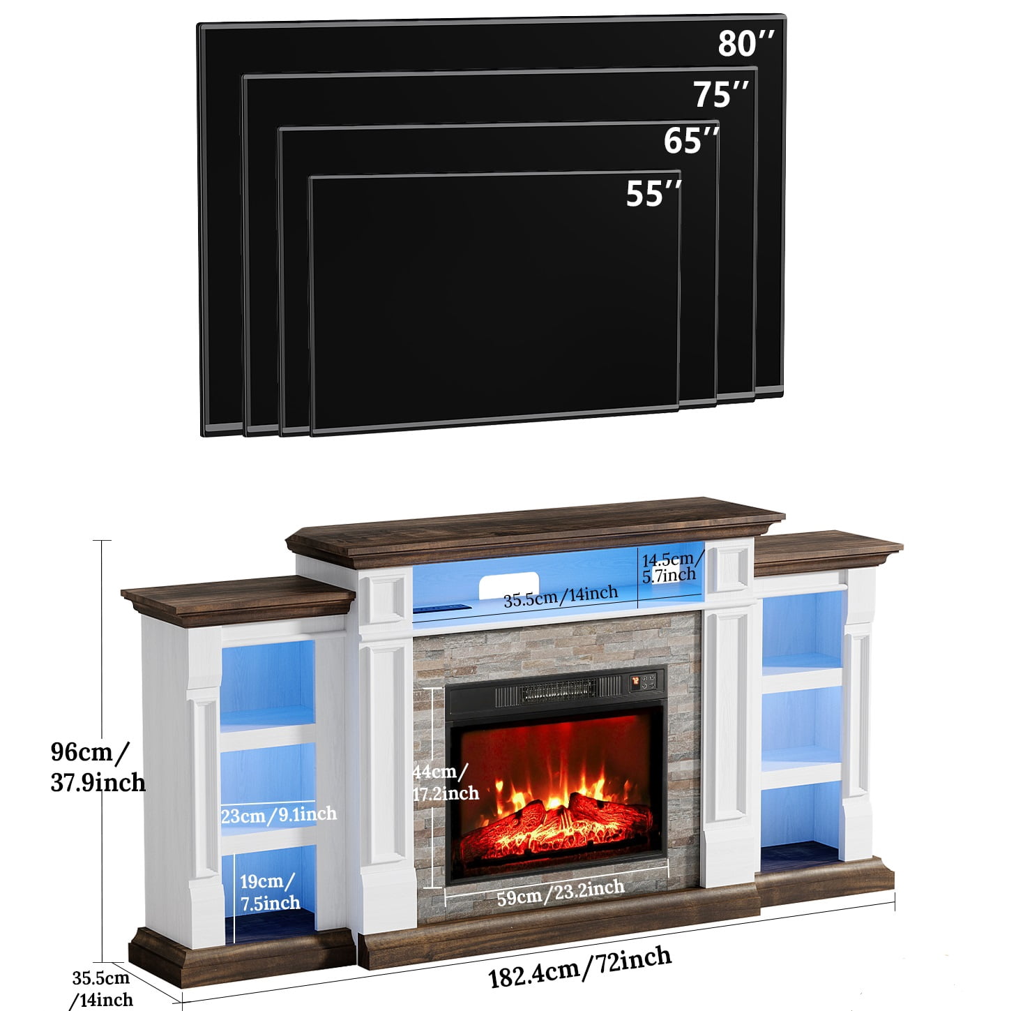 Holliwill 72" TV Stand for TVs up to 80" with Charging Station & LED Light, Electric Fireplace with Mantel, Entertainment Center with 23" Electric Heater, White Brown