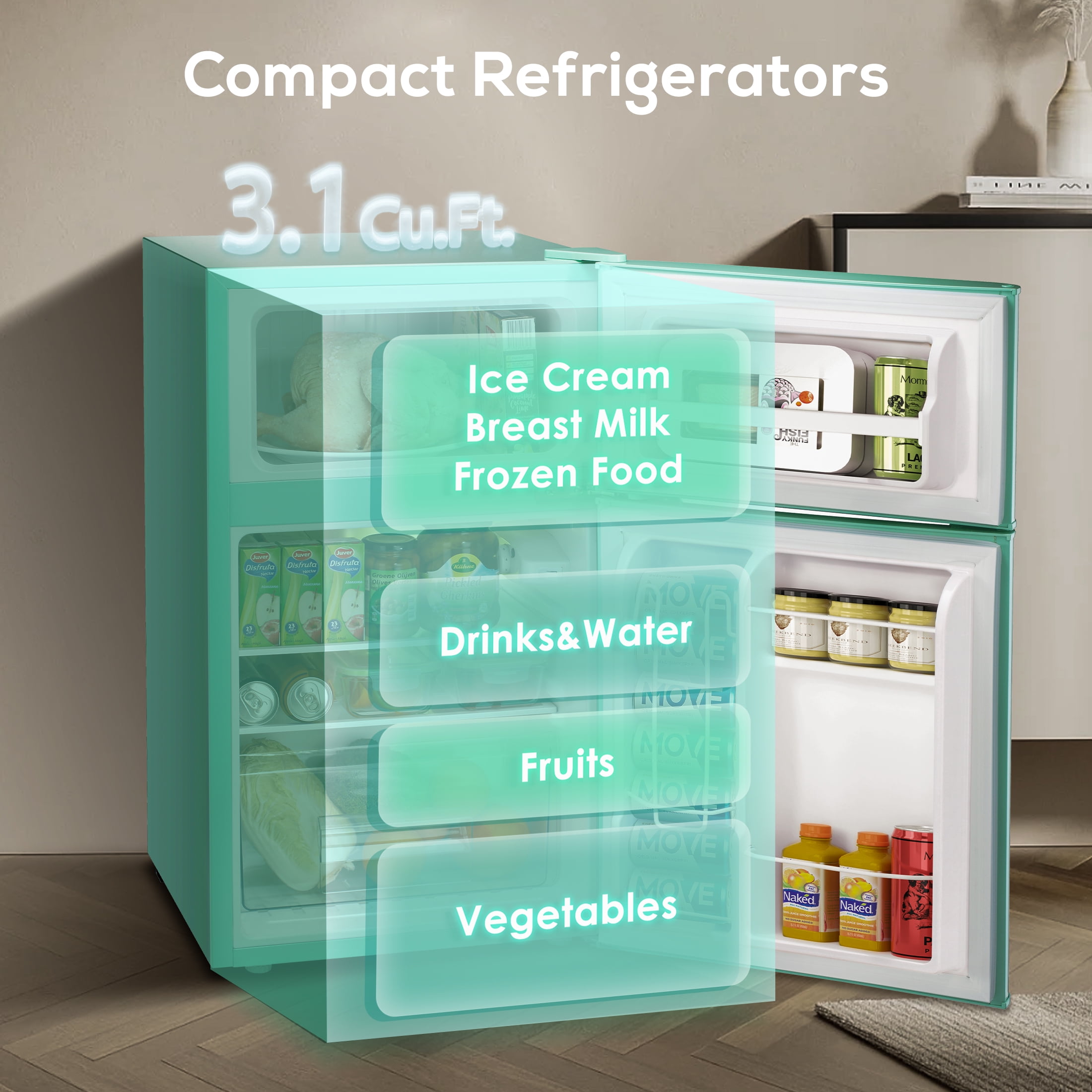 Auseo 3.2 Cu.Ft Double Door Mini Fridge with Freezer, Compact Retro Refrigerator for Dorm, Office, Bar, RV, Bedroom, Black