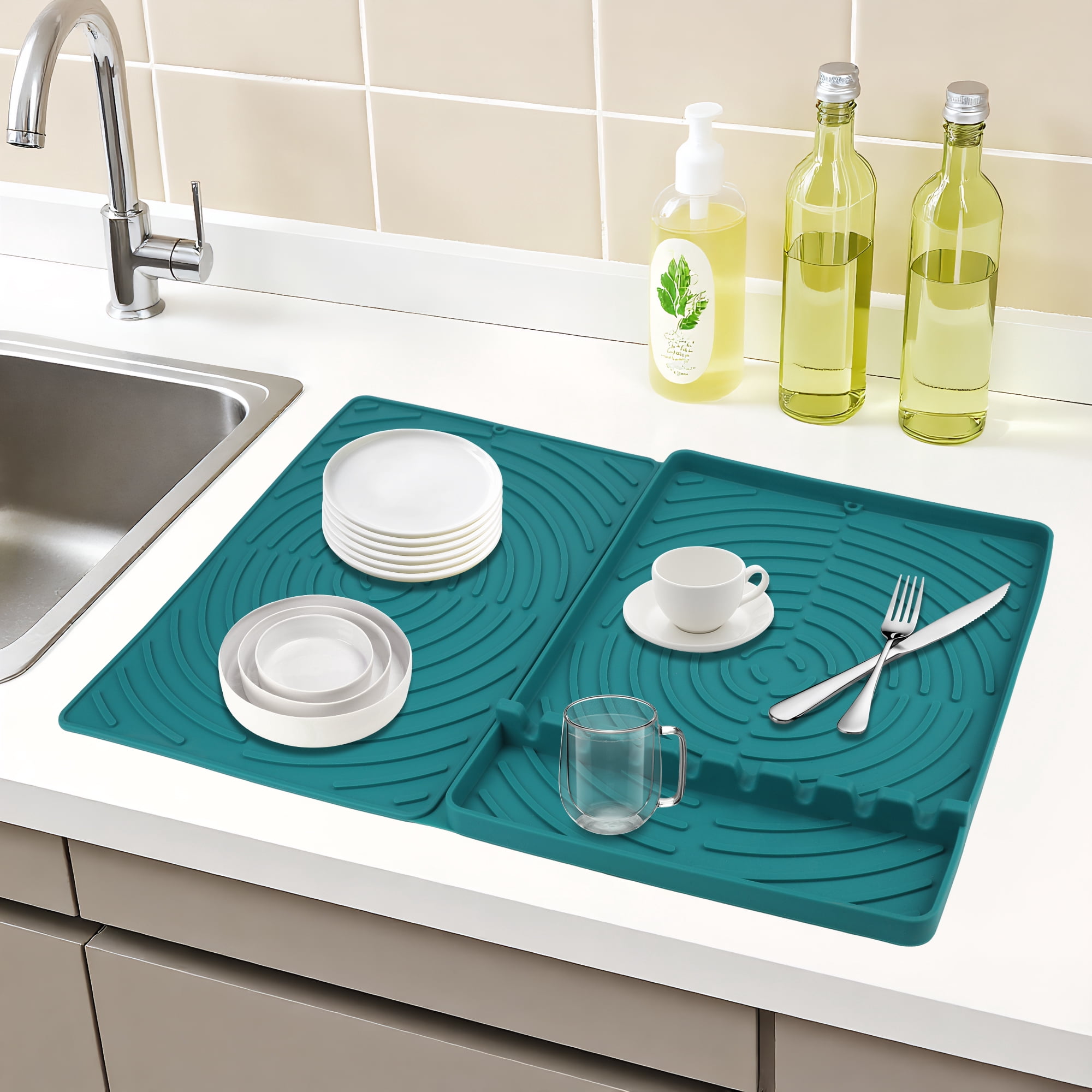 Unique Bargains Dish Drying Mat Fits Under Dish Rack for Kitchen Counter Green