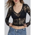 thumbnail image 5 of Mesh Tops for Women Sheer Long Sleeve Tops V Neck Lace Blouses Under Shirts Floral Lace Tee Shirt Black XXL, 5 of 9