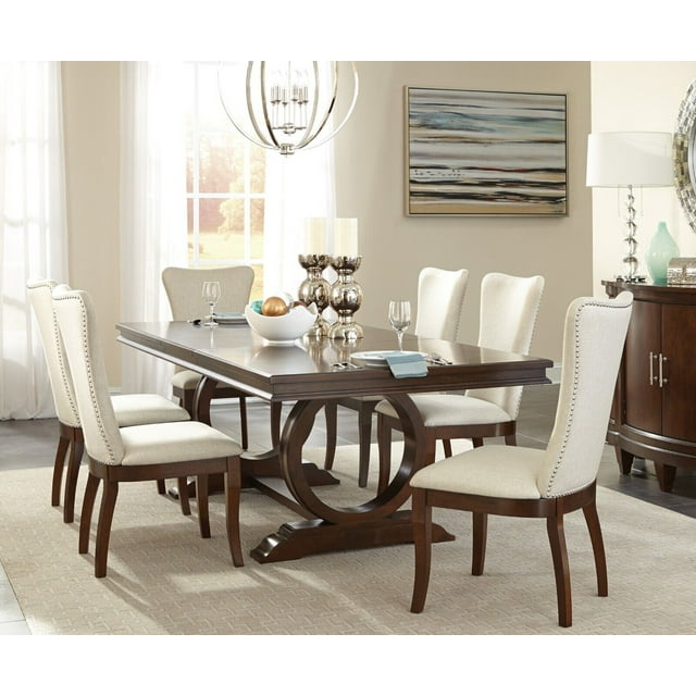 Ensemble de Salle à Manger Traditionnel Moderne 7 Pcs Table Extensible 6 Chaises Rembourrées Finition Cerisier Mobilier en Bois Formel