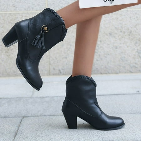 

Dpityserensio Women S Winter Solid Color High Tube Fleece Warm Leather Boots with Thick Heels and Fringe Clearance