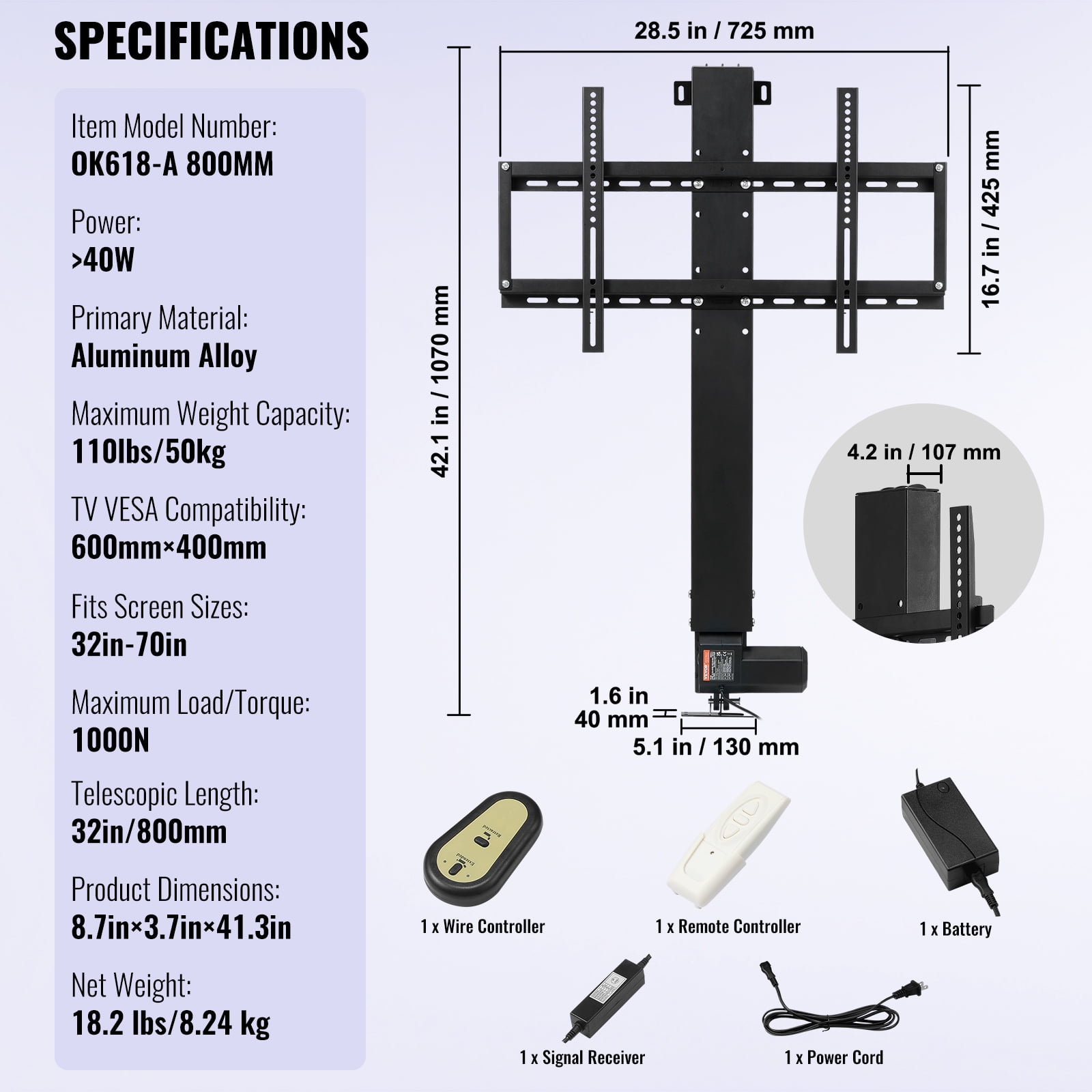 VEVOR Motorized TV Lift Mount 42-73" Height Adjustable, 32" Stroke Length, Fit for Max.60" TV Lift with Long-Distance Regulator, Load Capacity 132 lbs
