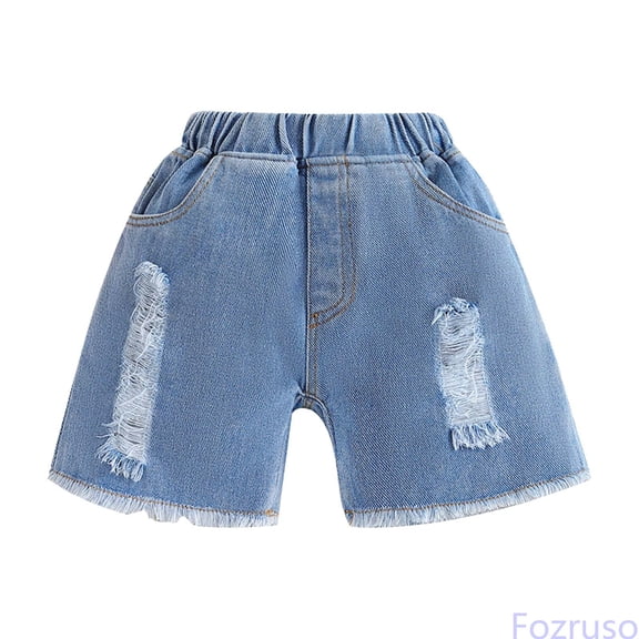 Fozruso Toddler Kids Baby Boys Girls Solid Color Shorts Summer Casual Ripped Shorts Active With Pockets Back to School Wear(Blue)