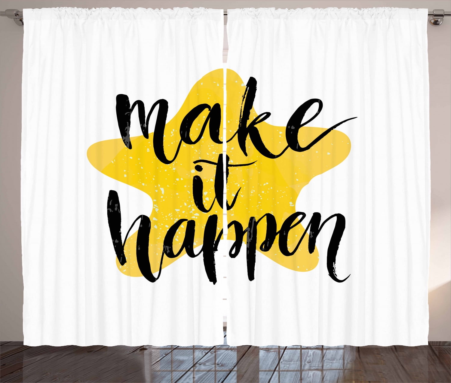 Motivational Curtains 2 Panels Set, Instructive Motto Yellow Toned Star