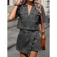 thumbnail image 4 of Women'S Denim 2 Piece Outfits Summer Lapel V Neck Crop Top Jean Skirt Shorts Set with Pockets Black & Gray Suit L, 4 of 9