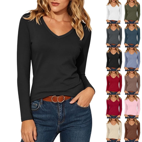 Xaqiouau Womens Long Sleeve V Neck Tops Casual Stretch Basic Slim Fit Blouse Lightweight Soft Everyday Fashion Pullover