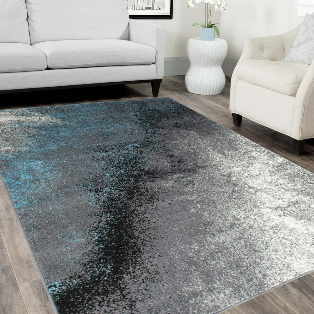Blue/White/Black Faded, Distressed Area Rug Splash Pattern Area Rug