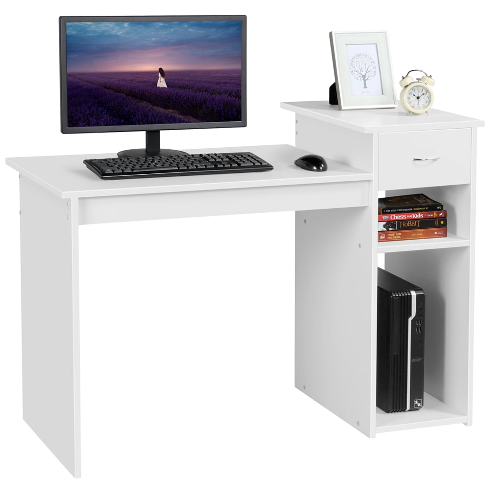 White Small Wooden Computer Desk Laptop PC Table Shelves Home Office Workstation