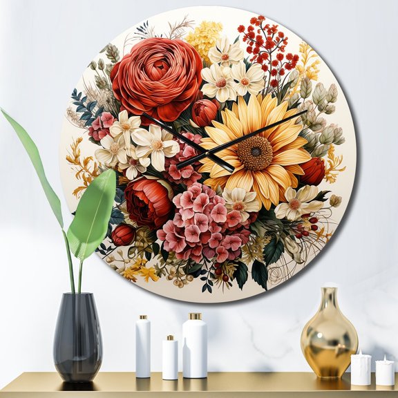 Designart "Floral Wreath in Beige and Orange II" Floral Oversized Wall Clock