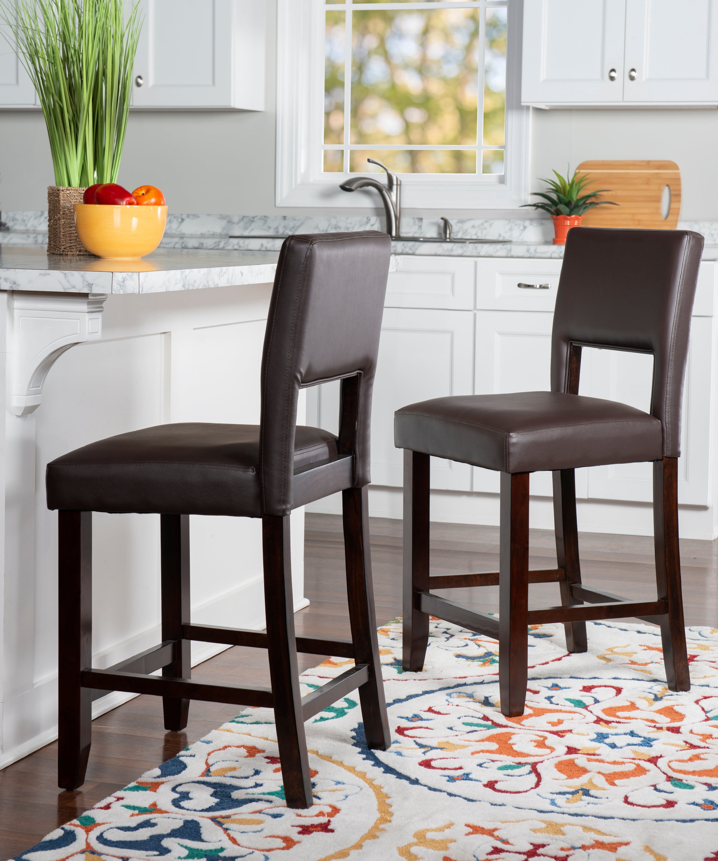 Linon Jevon 24" Indoor Wood Counter Stool, Dark Brown Faux Leather