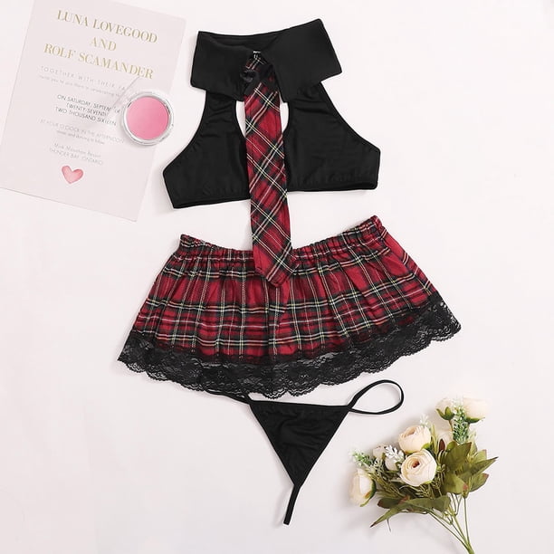 Conjunto de cuatro piezas de ropa interior sexy para cosplay, uniforme sexy para mujer, falda de estudiante, falda a cuadros