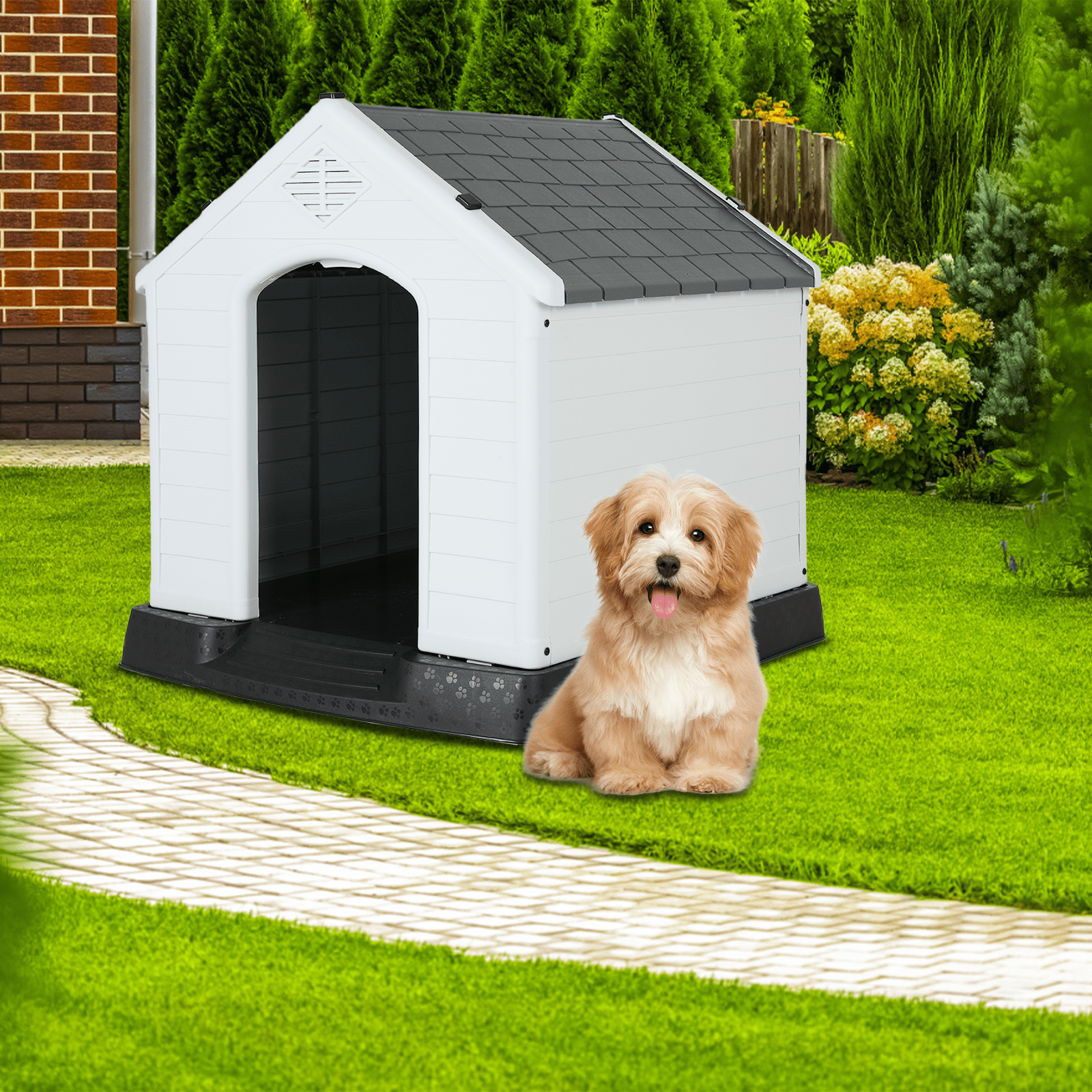 Dkelincs 28 inch Durable Plastic Dog House Indoor Outdoor Weatherproof Pet House with Air Vents and Elevated Floor, Gray