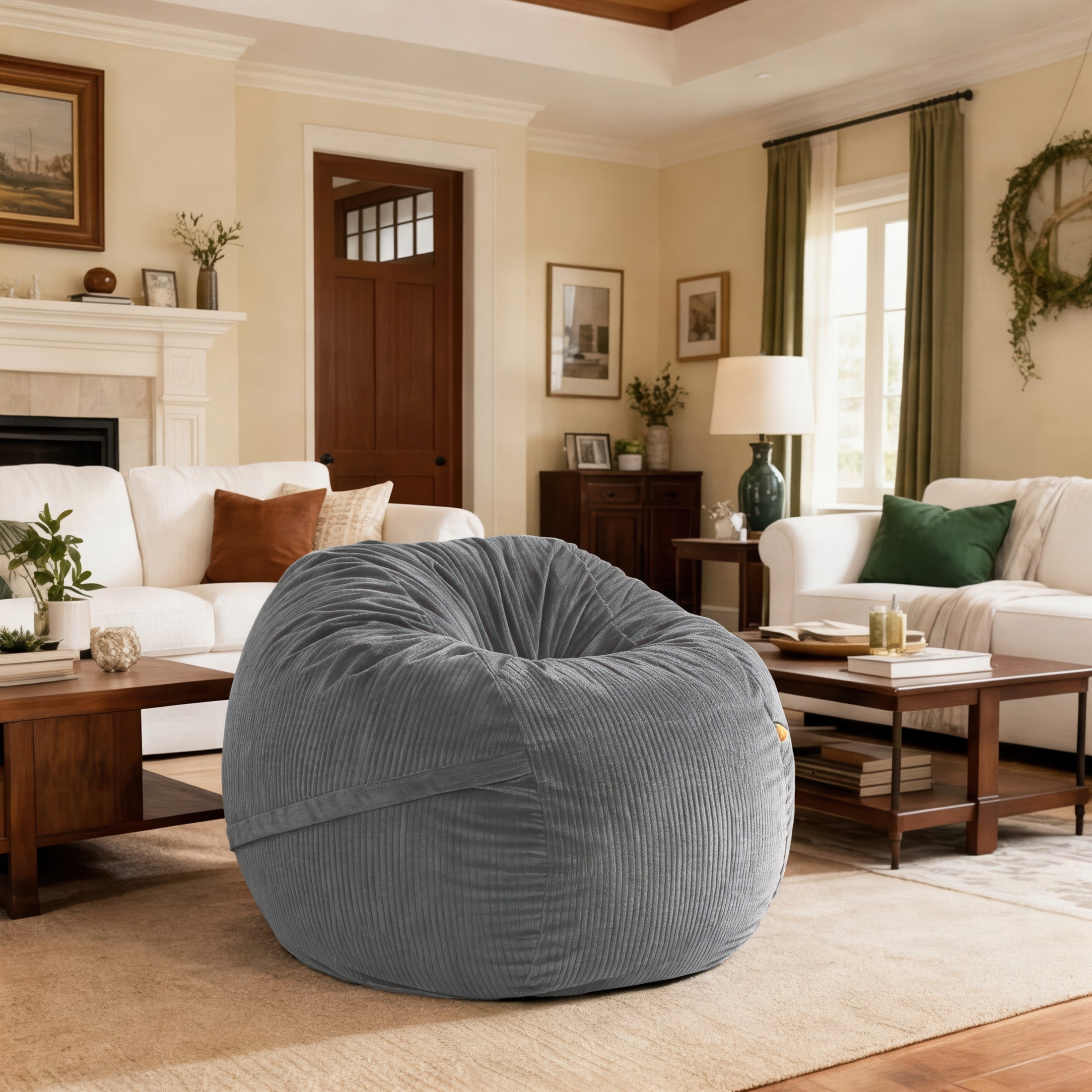 Luna 5 Foot X-Large Bean Bag Chair – Oversized Foam Lounger for Adults & Kids, Plush Corded Faux Fur, Grey
