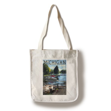 Michigan - Pontoon Boats - Lantern Press Artwork (100% Cotton Tote Bag - (Best Pontoon Boats For Families)