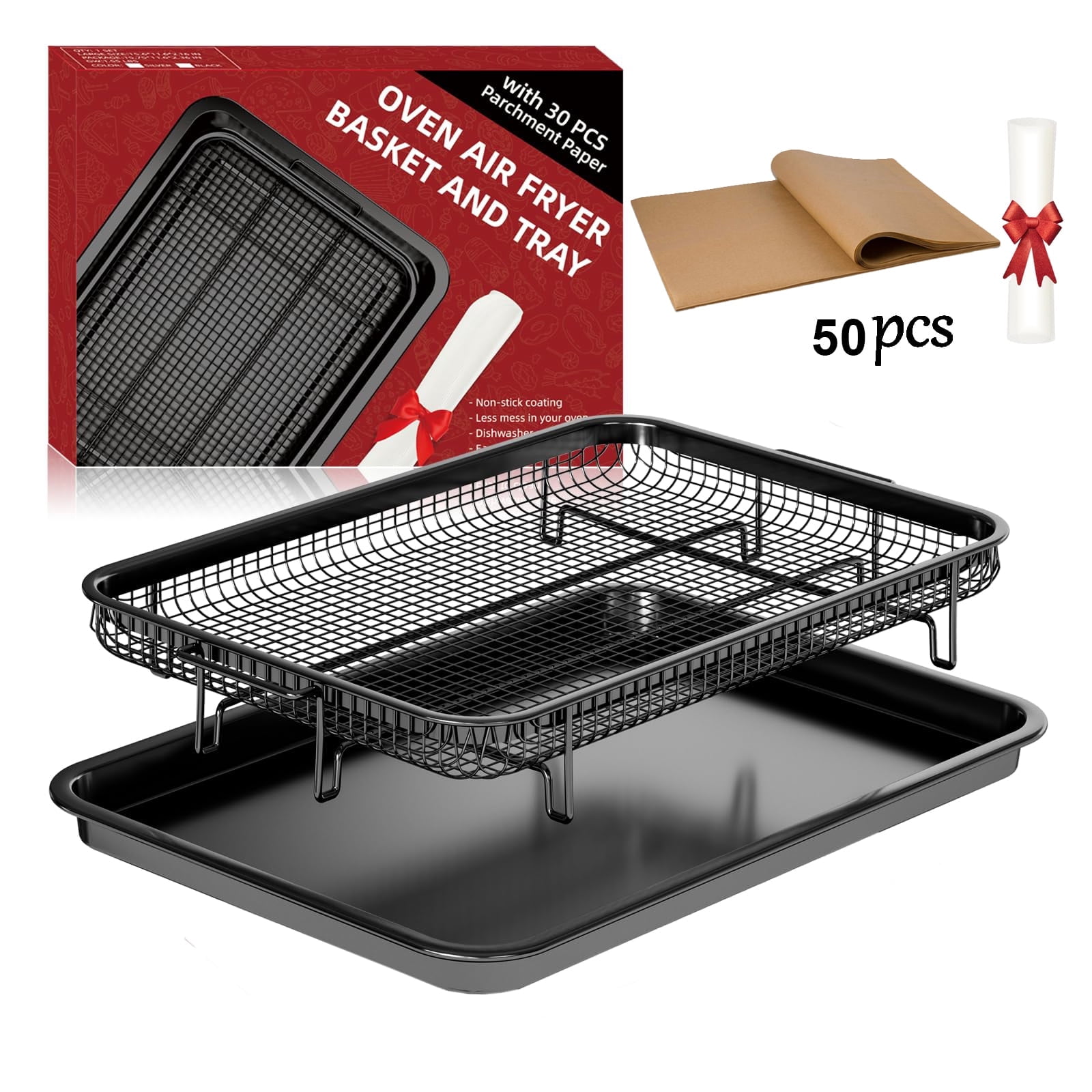 Air Fryer Basket for Oven,Oven Air Fryer Basket and Tray with 50 PCS Parchment Papers,2 Set Stainless Steel Air Fryer Pan and Crisper Tray for Baking Grilling (Black)