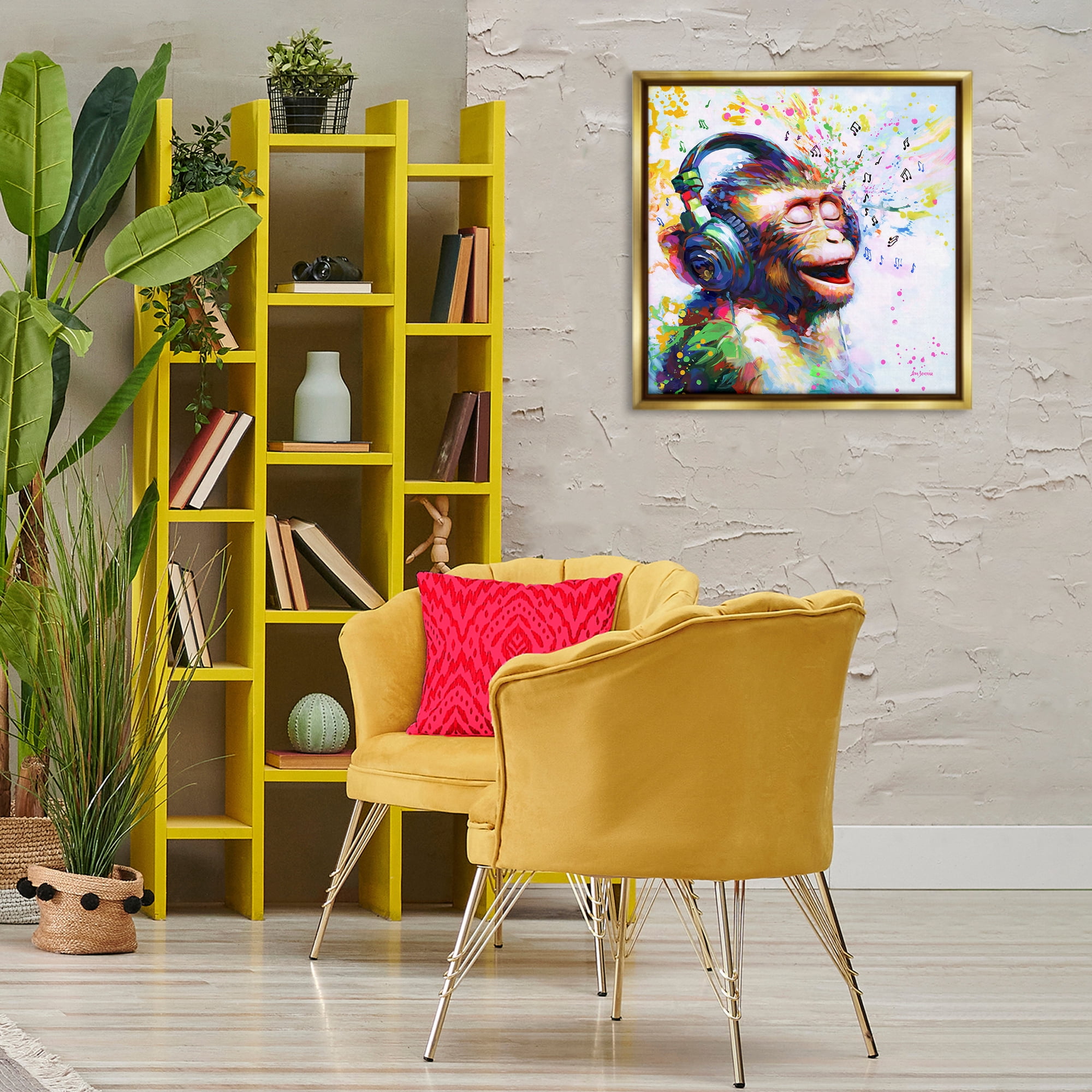 Stupell Industries Blissful Beats Monkey Animals & Insects Painting Gold Floater Framed Canvas Art Print Wall Art, 25 x 25