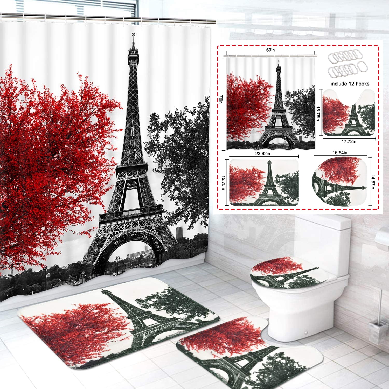 72x72'' Paris Scenery Bathroom Shower Curtain Sets Waterproof Fabric & Bath Mat 