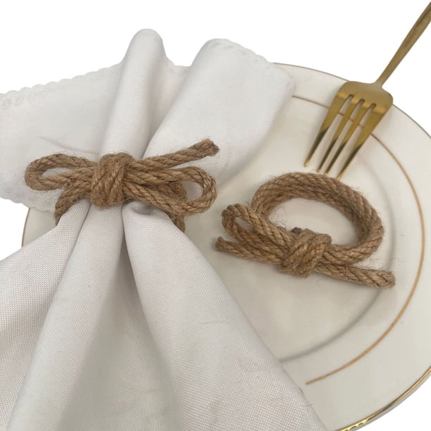 Juego de 2 anillos para servilletas de cuerda de cáñamo tejido a mano con lazo, color café, estilo occidental, para decoración de mesa de comedor y regalos