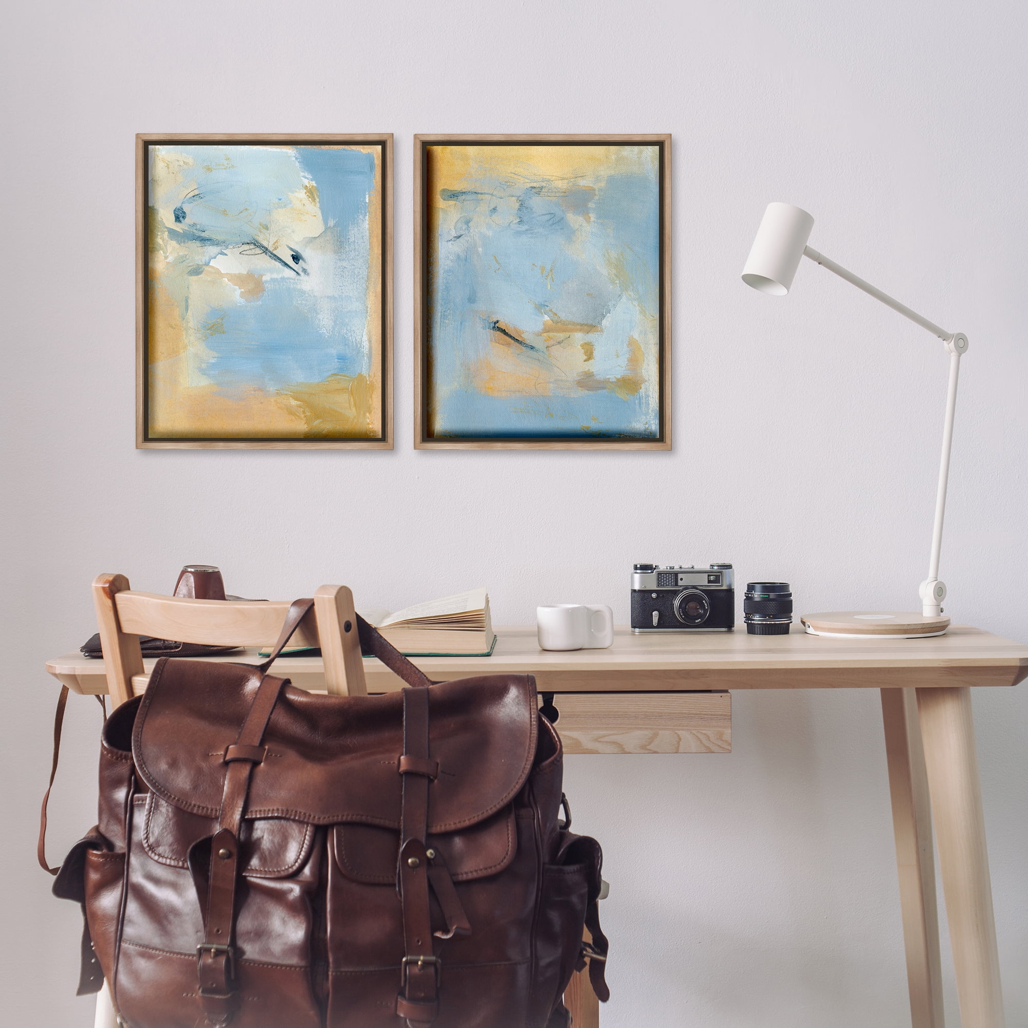 Stupell Industries Light Blue Pastel Gold Abstract Painting Brown Floater Framed Canvas Art Print Wall Art, 17 x 21, Set of 2