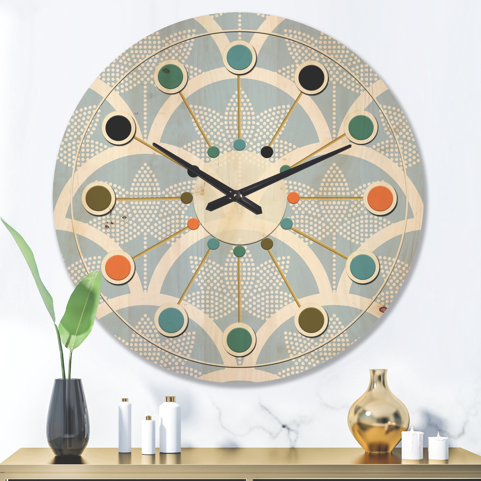 Designart 'Japanese Style Half-Circle Blue Pattern' Mid-Century Modern Wood Wall Clock