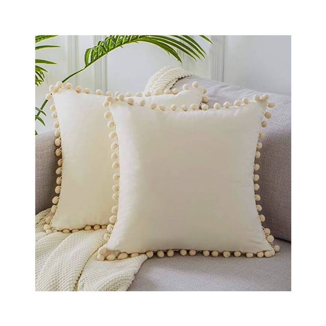 Pack de 2 fundas de cojín con pompones de terciopelo, 45 x 45 cm, color blanco