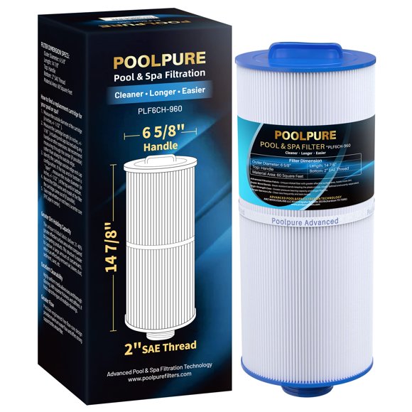 POOLPURE PLF6CH-960 Spa Filter Replaces PJW60TL-F2S, Jacuzzi Filters J-300, J400, Unicel 6CH-960, Filbur FC-2800, 6540-476, 6540-383, Hot Tub Filter with Closed Handle(No