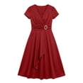 thumbnail image 6 of Erwazi Dresses for Women Solid V Neck Short Sleeve Dress Belt Waist Trendy Outdoor Everyday Summer Casual Wear Midi Dresses, 6 of 6